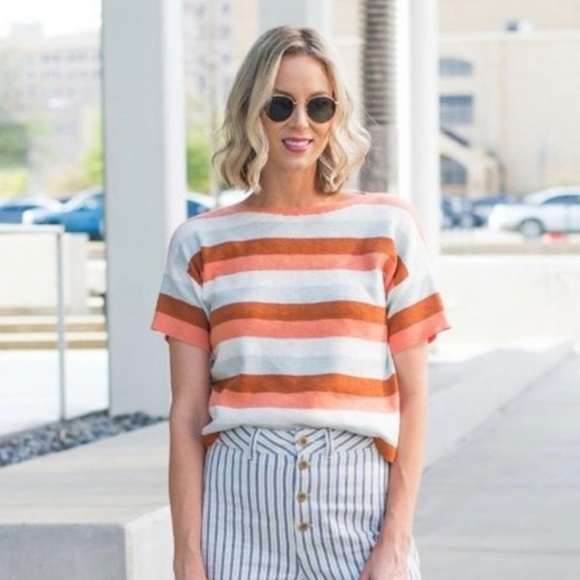 Madewell Light Knit Boxy Short Sleeve Cropped Sweater Top Amber Clay Stripe XXS - Picture 2 of 6